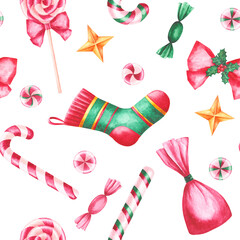 Pattern with hand-drawn Christmas watercolor illustrations. Seamless pattern with Christmas socks, candy canes and sweets. Perfect for cozy holiday
