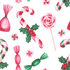 Pattern with hand-drawn Christmas watercolor illustrations. Christmas candies, lollipops and sweets decorated with a sprig of holly. Perfect for cozy holiday decor.