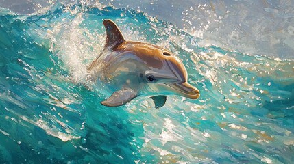 Fototapeta premium Painting of a dolphin in water with open mouth and head out of surface
