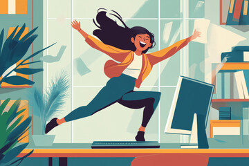 Joyful businesswoman celebrates success at her desk, expressing enthusiasm in a bright office space