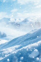 Tranquil Winter Landscape with Snowy Mountain Peaks and Gentle Falling Snowflakes for Posters