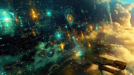 Futuristic Cityscape with Illuminated Grid and Spaceship