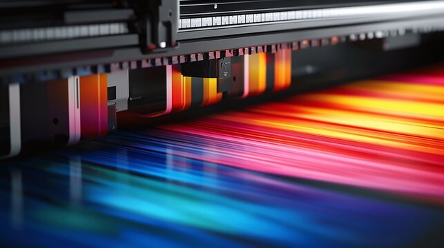 high quality printing with a close-up of a large format printer head applying vibrant colors on paper showcasing precision technology and professional standards in large scale print production