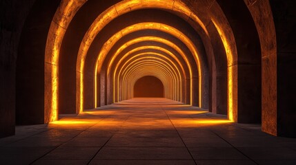 Naklejka premium Stunning, visually captivating image showing a series of arches in a tunnel illuminated with warm, glowing lights that create a sense of depth and infinity