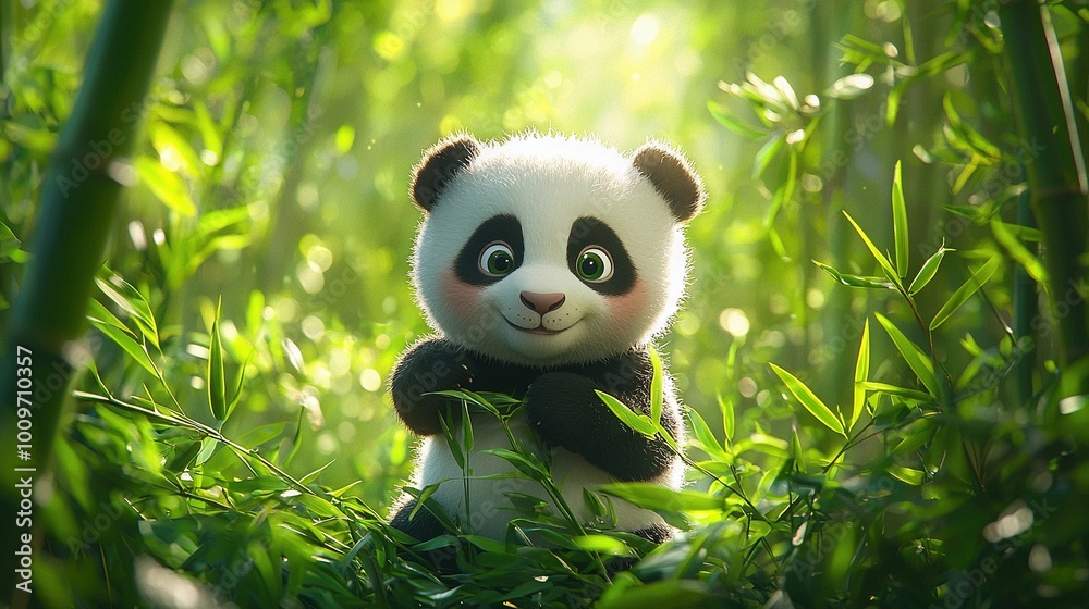 Poster   A small panda bear rests amidst a verdant field, surrounded by bamboo leaves