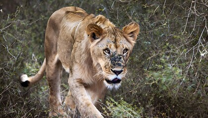 Fototapeta premium Curious Lion Exploring the Bush – A Lion Walks Through Dense Vegetation, His Nose Close to the Ground