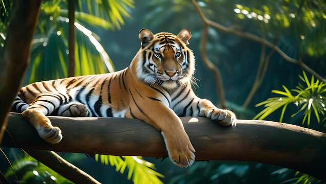 bengal tiger resting tree jungle sunlit wild cat relaxing natural habitat