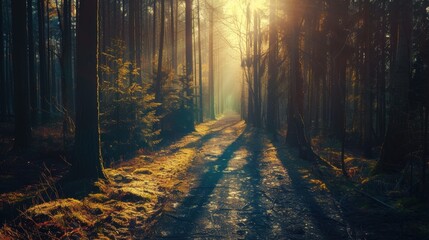Obraz premium a bright sun shines between the trees in forest, mysterious forest
