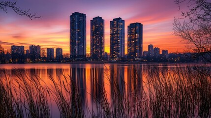 Fototapeta premium City Skyline Reflected in Calm Water at Sunset