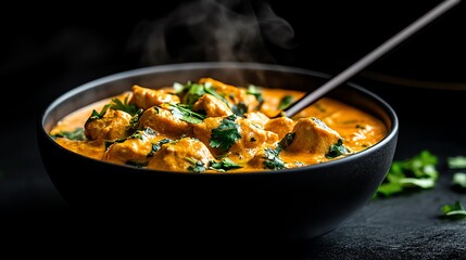 Vibrant chicken tikka masala, bright orange sauce coating tender chicken pieces