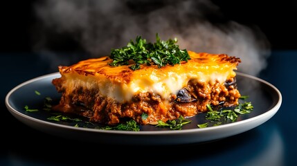 Vibrant Greek moussaka, layers of eggplant and spiced meat with creamy topping