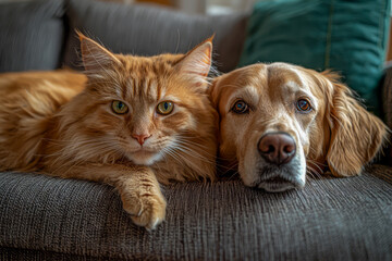 Adorable Furry Friends: A Playful Cat and Dog Posing for the Camera Inside a Cozy Home