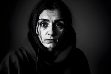 A stark, black-and-white portrait of a sad tired emaciated young heroin addicted woman in her mid-twenties, drugs, addict, addiction, desolate, despair, vulnerable, gaunt, struggle, hollow, isolation,
