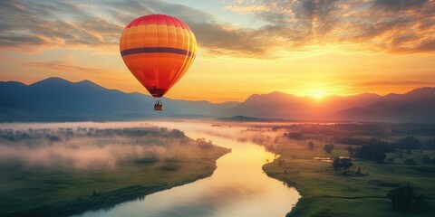 Obraz premium a hot air balloon flying over a river