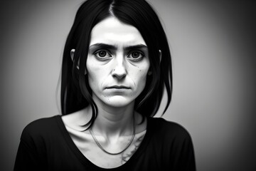 A stark, black-and-white portrait of a sad tired emaciated young heroin addicted woman in her mid-twenties, drugs, addict, addiction, desolate, despair, vulnerable, gaunt, struggle, hollow, isolation,