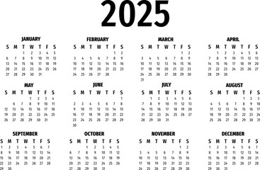 Calendar layout for the year 2025. Wall and desk calendar. 