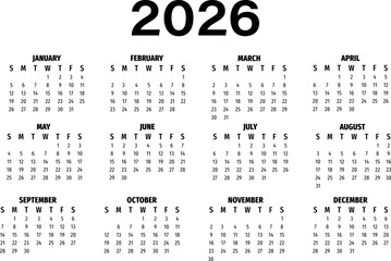 Calendar layout for the year 2026. Wall and desk calendar. 