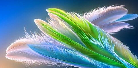 Obraz premium This composition is composed of multicolored feathers against a dark green textured background. It is printed for interiors, Murali art.