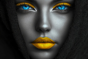 Golden Craft: Bold Color Mix and Super Realism in Black and White Style with Women in White Makeup and Yellow Lips