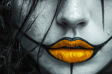Golden Crafted Beauty: Women with White Face Makeup and Yellow Lips in Bold Black and White Style