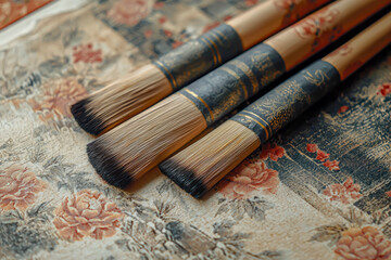 Fototapeta premium Capturing the Essence: Ancient Chinese Xuan Paper and Brushes from the Song Dynasty