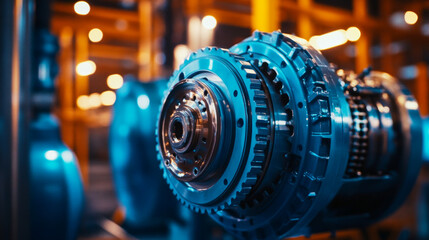 Fototapeta premium Close-up of a vibrant blue electric motor showcasing intricate gear teeth in an industrial backdrop