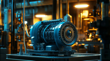 Fototapeta premium A captivating blue electric motor in operation surrounded by intricate machinery at dusk