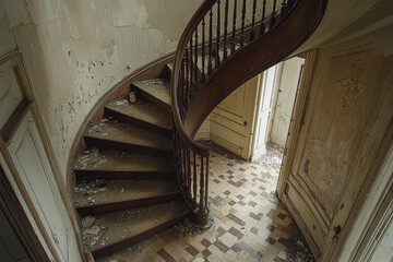 Graceful Spiral Staircase in a Deserted Historic Estate