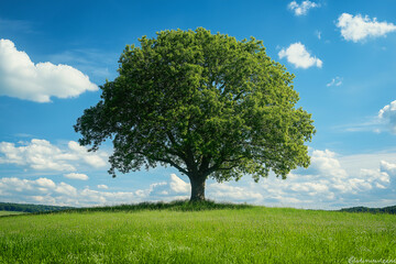 Obraz premium Solitary Tree in Green Field Under Blue Sky and Clouds Representing Nature, Growth, and Serenity