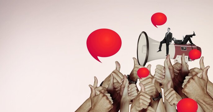 Young people on megaphone with hands and speech bubble.