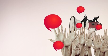 Young people on megaphone with hands and speech bubble.