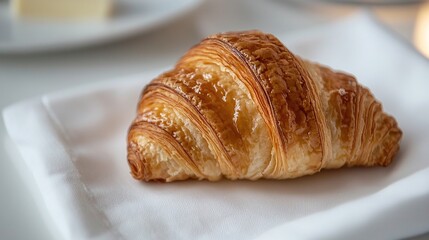   A croissant resting atop a white napkin, beside a plate of butter and a block of butter