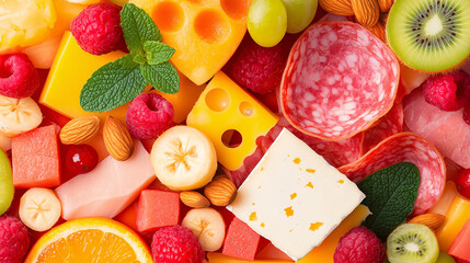 Flat lay of food photography featuring servelat, cheese, berries, fruits, nuts on bright pink background, studio shot with grapes, kiwi, grapefruit, oranges, raspberries, blueberries