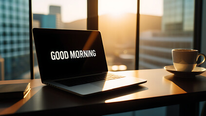 morning text laptop screen coffee mug desk sunlit office window cozy workspace
