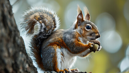 Fototapeta premium Squirrel Eating: A Squirrel Nibbling on an Acorn 