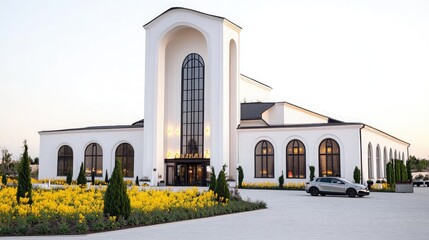 Fototapeta premium The exterior of a modern church in Poland features large windows and white walls, framed by yellow bushes and trees, all beautifully illuminated by the sunset sky.