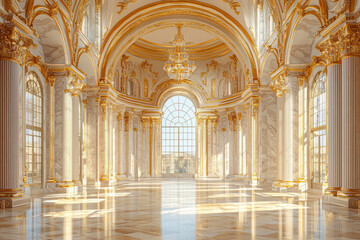 Obraz premium Golden Gala: Opulent Palace Interior Illustration with Marble Columns and Arch Windows