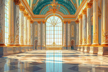 Fototapeta premium Opulent Palace Interior: Elegant 2D Illustration of a Castle Hall with Classic Ballroom, Arch Windows, Marble Columns, and Golden Chandeliers