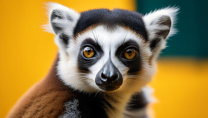 Obraz premium lemur portrait yellow background curious animal looking camera