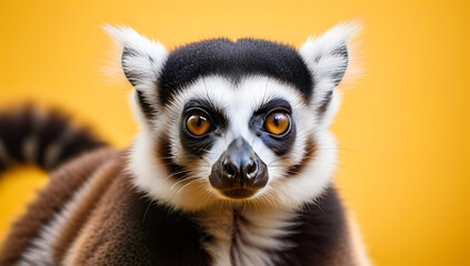 lemur portrait yellow background curious animal looking camera