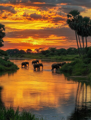 A herd of elephants crossing the Irrawaddy River in Sri Lanka