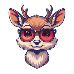 A cartoon deer wearing sunglasses and a red hat. The deer has a smile on its face and is looking at the camera
