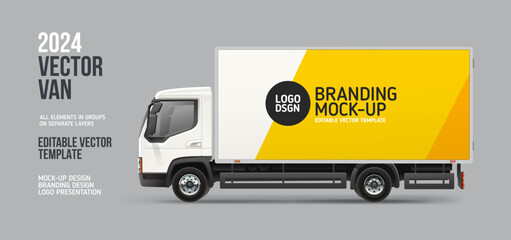 Delivery Truck mockup with yellow branding design. Side view Cargo Van with space for advertising text, logo or your branding design. Branding truck. Horizontal AD banner. Editable vector template