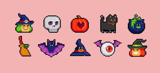 Pixel art Halloween icons set of funny witch, hat, night cat, bat, potion, pumpkin - editable vector in retro video game style