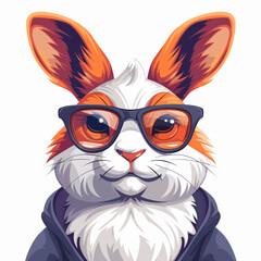 A rabbit wearing glasses and a hoodie. The rabbit is smiling and looking at the camera. The image has a playful and lighthearted mood