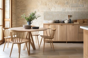 Dinning room interior design with round glass table, stylish chair, green kitchen shelf, lamp, vase, patterned wallpaper and personal accessories. Home decor. Template.