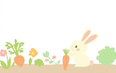 Fototapeta premium A cute little rabbit joyfully digging in the garden while surrounded by colorful flowers and fresh carrots on a sunny day