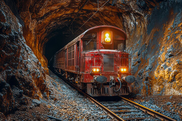 Naklejka premium Exploring the Depths: Electric Locomotive in Underground Bauxite Mine