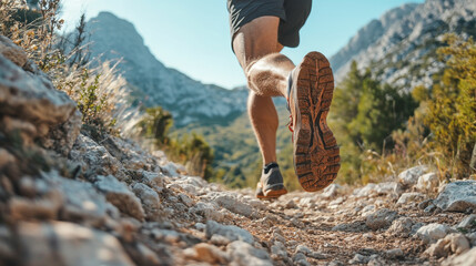 A man runs energetically on a rocky mountain trail during the day amidst scenic nature