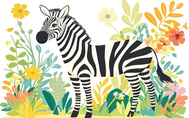 A playful zebra stands amidst vibrant flowers and lush foliage in a sunlit meadow, capturing the essence of wildlife in nature